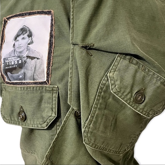 Upcycled Reworked Vintage Army Shirt with hand embroidery and vintage mug shot - Picture 8 of 12
